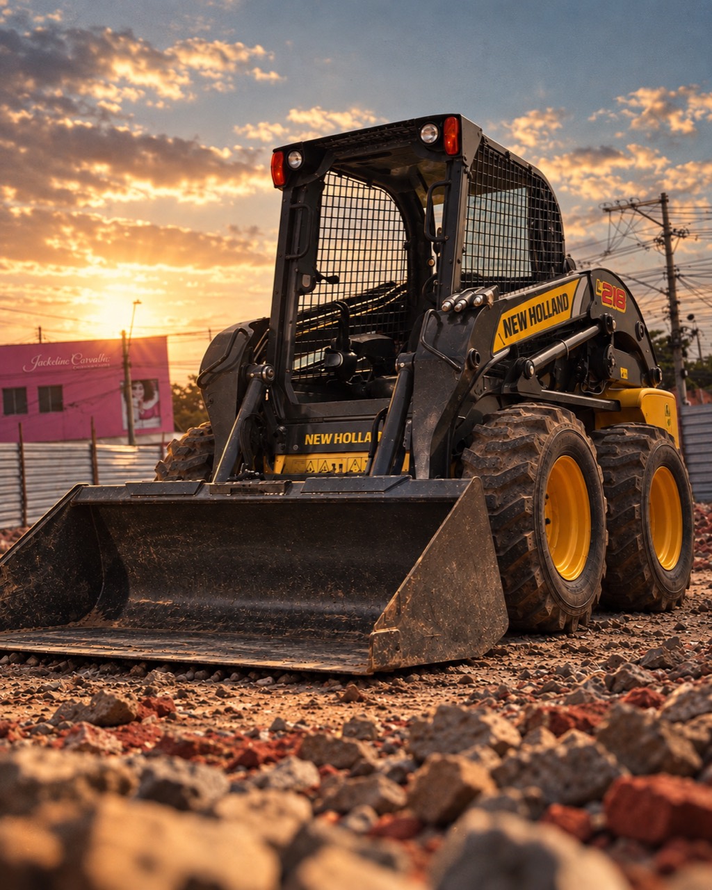 Imagem editada da minicarregadeira New Holland com concha no canteiro ao pôr do sol