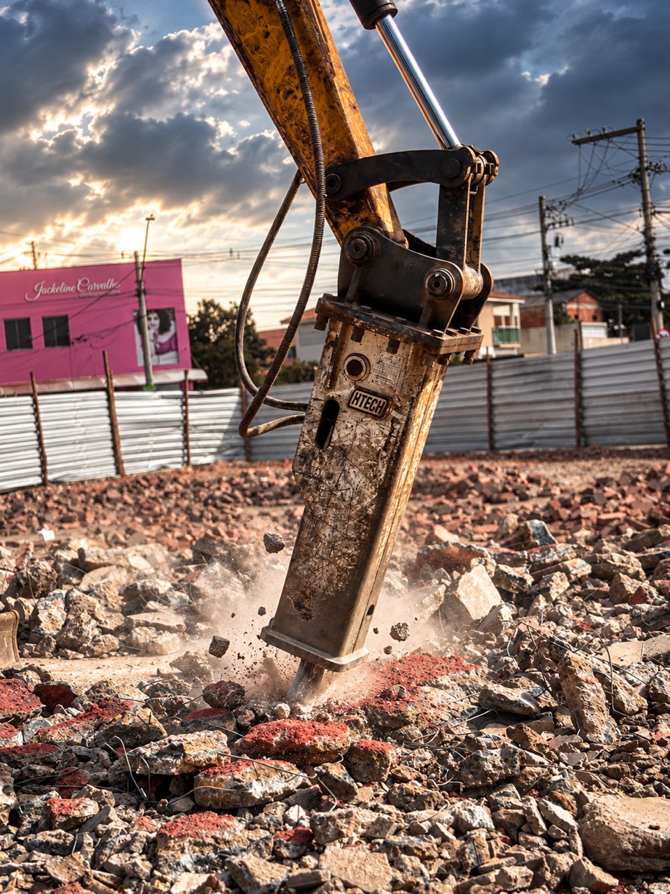 Foto do rompedor hidráulico em ação sobre resíduos de concreto no canteiro